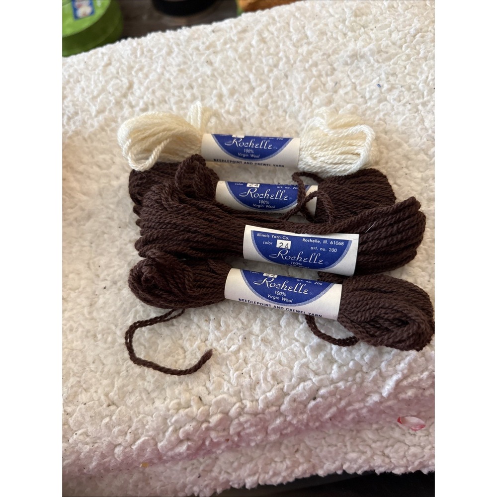 Lot Of Four 3 Brown  1 White Vtg Rochelle Needlepoint Crewel Yarn Nos